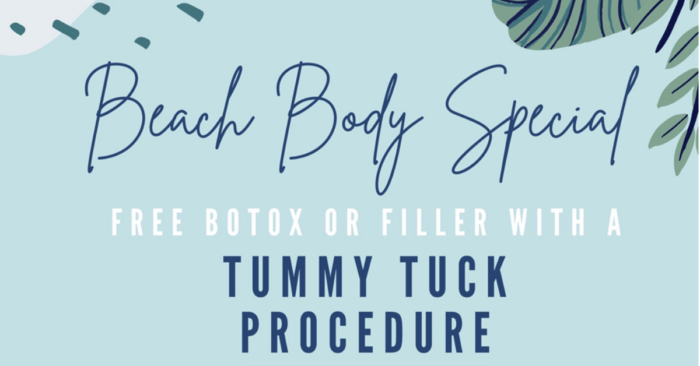 A blue banner displaying the text "Beach Body Special Free Botox or Filler with a Tummy Tuck Procedure